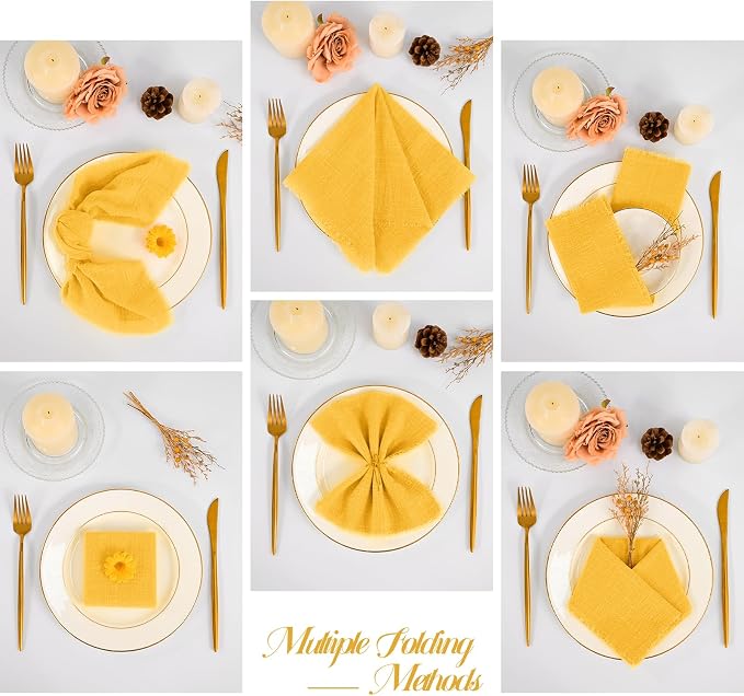 36 Pack Yellow Napkins, 12 x 12 Inch Cotton with Fringe Settings | Handmade washable reusable cotton dinner napkins in bulk for weddings, parties, rustic boho table settings - Image 3