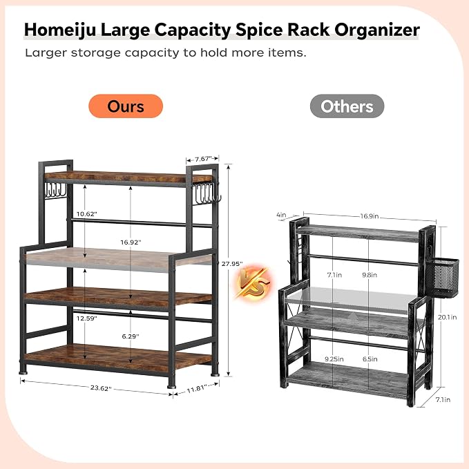 23.6"W Large Kitchen Countertop Organizer,3 Tier Spice Rack Organizer with Adjustable Shelf and 10 Hooks,Wooden Counter Organizer,Space Saving Countertop Shelf Microwave Stand for Kitchen,Coffee Bar - Image 8
