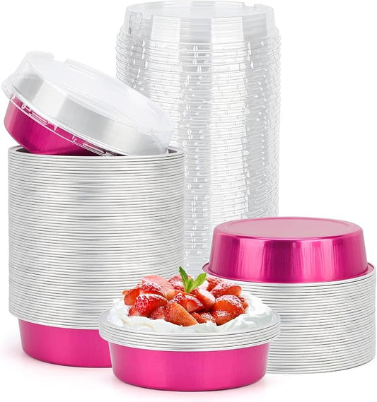 Beasea Disposable Cupcake Pans with Lids, 100 Pack 4 Inch 8oz Rose Red Aluminum Baking Foil Tins Small Round Tart Containers for Individual Dessert Muffin Cheesecake Ramekins Quiche Oven Dishes by Beasea
