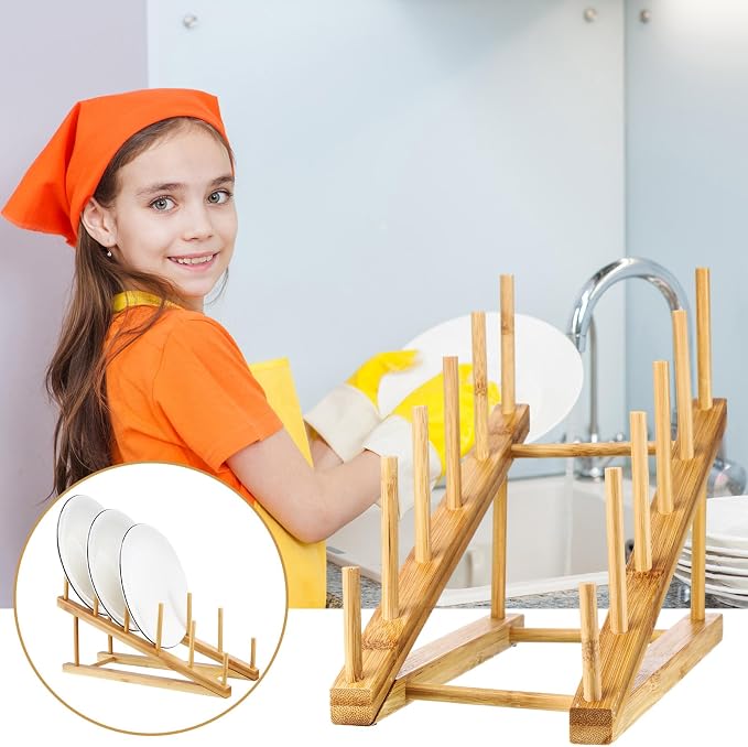 10 Pcs Wooden Bamboo Dish Drying Rack Kitchen Cabinet Organizer for Cabinet Cutting Board Display Stand for Dish Plate Bowl Water Bottles Cup Pot Lid Cutting Board - Image 5