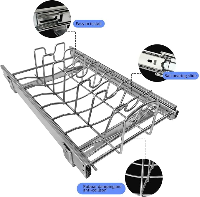 Slide Out Pan and Pot Lid Organizer For Under Cabinet, Wire Dividers Kitchen Pull Out Pot Lid Rack Organization And Storage, Full-Extension Rail, 12" W X 20" D - Image 3