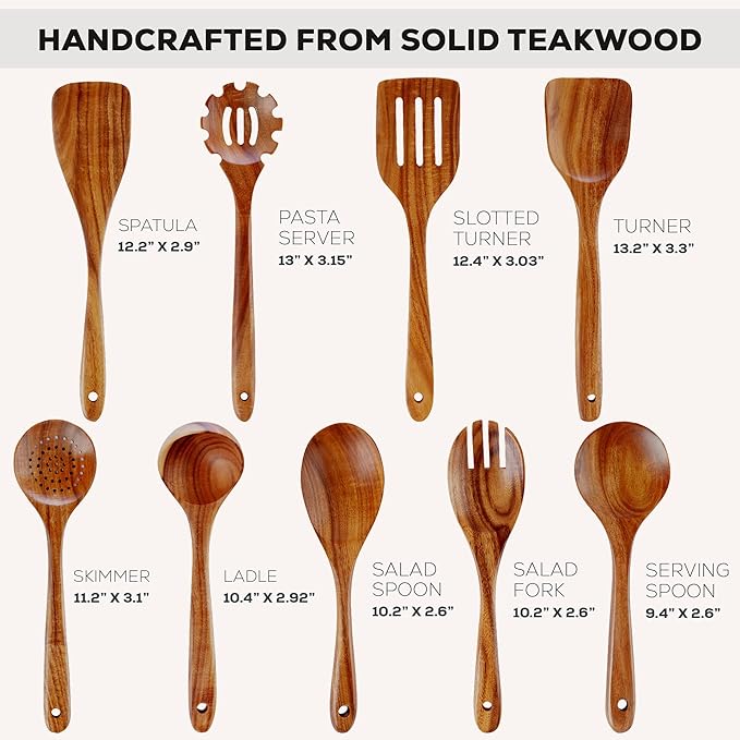Zulay Kitchen 9-Piece Teak Wood Cooking Utensil Set – Non-Toxic & Non-Stick Safe Wooden Spoons & Kitchen Tools with Comfortable Grip, Smooth Finish Natural Teak – Perfect Kitchen Gift Set - Image 3