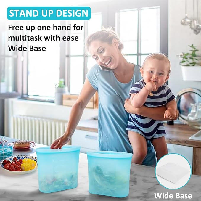 Reusable Food Storage Bags Extra Large, 0.8 Gallon/101 fl.oz/3000 ml, 4 Pack 100% Silicone Food Storage Bags Stand-Up Wide-Mouth Zip-Lock for Large Items, Freezer Microwave Oven Dishwasher Safe, Blue - Image 5