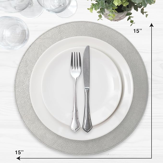 Morgan Faux Leather Round Set of 12 Placemats, 15", Silver, Heat Resistant, Stain Resistant, Non-Slip, Reversible, Durable Table Mats for Kitchen, Dining Table, Indoor Washable Use - Image 3