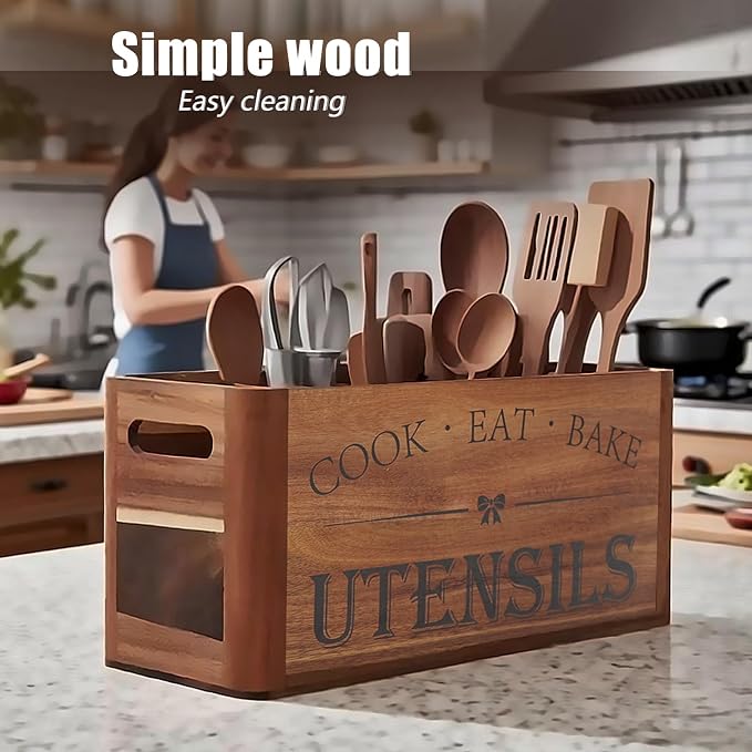 Utensil Holder for Kitchen Countertop - Extra Large 4 Compartment Wooden Organizer in Acacia Wood, Storage for Cooking Tools and Cutlery, Farmhouse Style for Home Cooking - Image 7