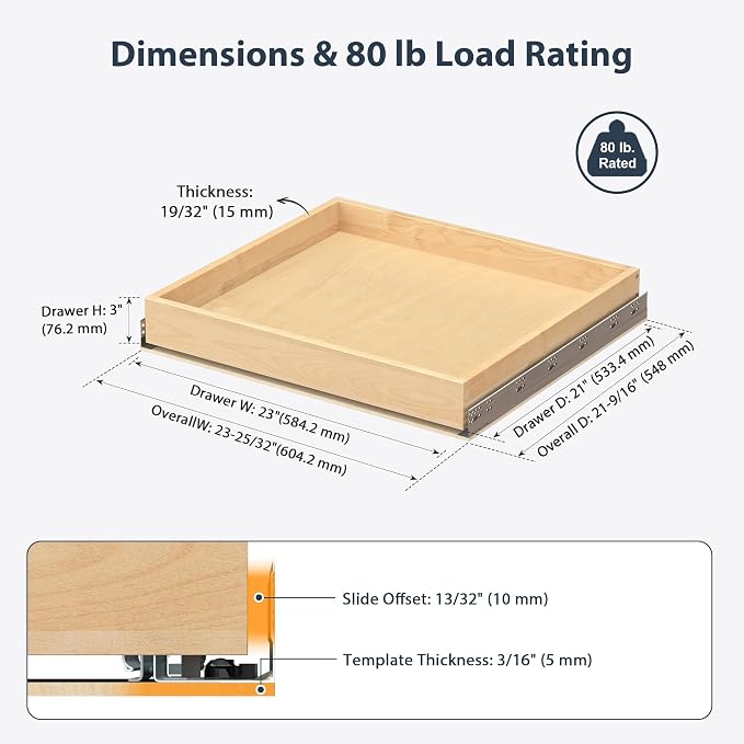Pull Out Drawers for Kitchen Cabinets 23" W x 21" D Birch Wood | Pull-Out Cabinet Drawer, Slide Out Shelf, Concealed Soft-Close Full-Extension Slides, Bottom & Side Mount, 80 lb Heavy-Duty - Image 2