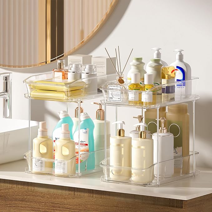 Delamu Bathroom Under Sink Organizers and Storage, 2 Pack, Clear | 2-Tier Multi-Purpose, Stackable, Pull Out Cabinet Kitchen Pantry Organization and Storage with Dividers - Image 6