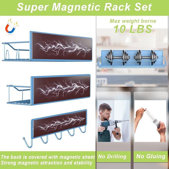 Magnetic Spice Rack for Refrigerator, 3 Pack Metal Magnet Spice Organizer Shelf with Hook Rack, Magnetic Fridge Shelves for Kitchen Organization and Storage, Seasoning Organizer Gadgets (Blue) - Image 3