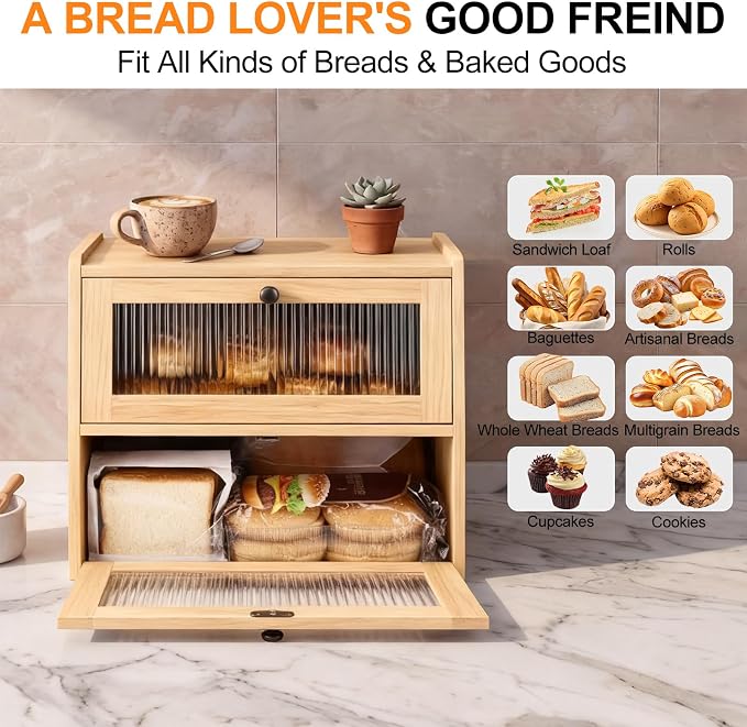 Alpeir Wooden Bread Box for Kitchen Countertop, Large Double Layer, Nature | Food-Safe Pine Wood, Double-Row Ventilation, Strong Acrylic Window, Raised Top Shelf, Easy Care, Farmhouse Corner Container - Image 6