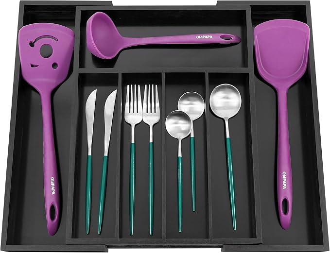 Utoplike Bamboo Silverware Drawer Organizer, Black Kitchen Utensils Tray | Expandable Drawers Organiser, Cutlery Dividers, Flatware Caddy Drawer Insert, Office Supplies, 5-7 Slots - Image 7
