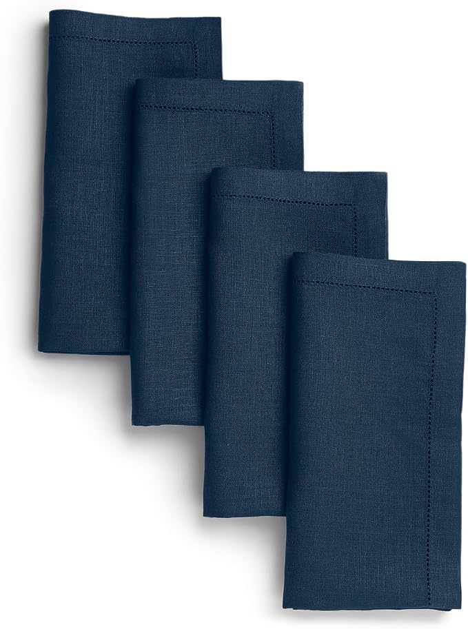 Signature Linen™ by D'Moksha Navy Blue Dinner Napkins Set of 4, 20 x 20 Inch Cloth Napkins, 100% Pure Linen, Hemstitch, Machine Washable Table Napkins- Summer, Weddings, Outdoor hostings by DMokshaHomes