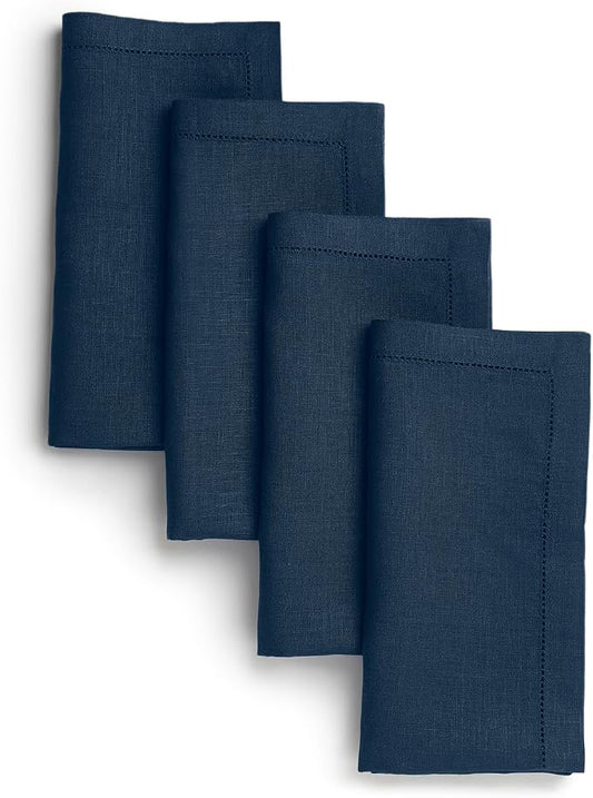 Signature Linen™ by D'Moksha Navy Blue Dinner Napkins Set of 4, 20 x 20 Inch Cloth Napkins, 100% Pure Linen, Hemstitch, Machine Washable Table Napkins- Summer, Weddings, Outdoor hostings by DMokshaHomes