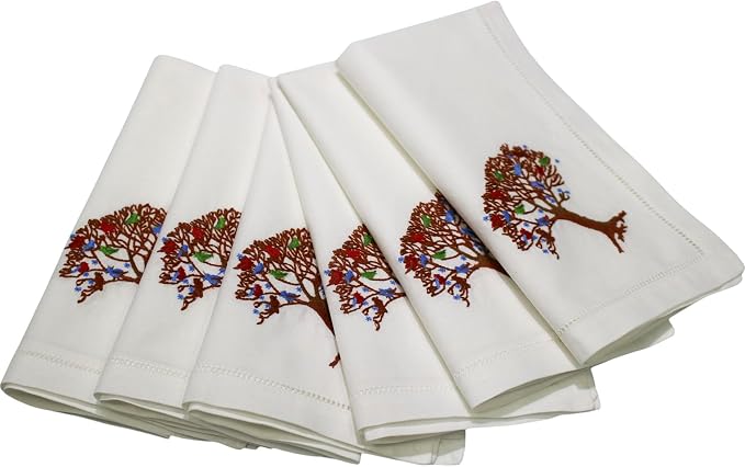 Embroidered Cotton Napkins with Tree of Life and Birds. Set of 6, 18"x18" White Table Napkins, Hemstitch Dinner, Party Napkins for Daily & Holidays, Events by Unknown