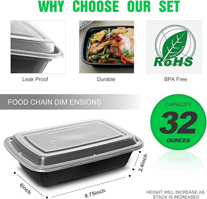 WGCC Meal Prep Containers 50Pack 32oz and Deli Containers with Lids 48 Sets-8oz, 16oz, 32oz, Leakproof, BPA Free/Microwave/Freezer/Dishwasher Safe - Image 3