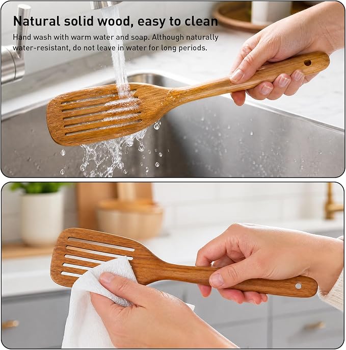 Wooden Spoons for Cooking, 2-Piece Teak Wood Kitchen Utensil Set, Nonstick Safe Wooden Spatulas, Smooth Heat-Friendly Cooking Utensils for Everyday Meals (A02) - Image 6