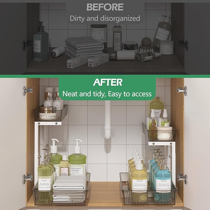 ADRIMER Under Sink Organizer 2 Packs, Pull Out Kitchen Sink Organizer, 2 Tier Slide Out Kitchen Organizers and Storage Bathroom Under Cabinet Storage Shelf, Grey & White - Image 5