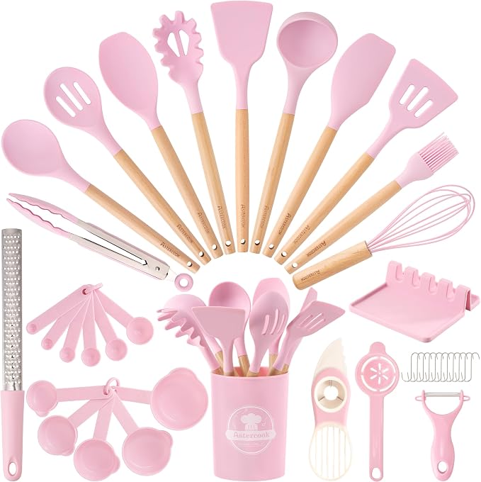 Astercook Kitchen Utensils set, 39 PCS Silicone Cooking Utensils Set with Wooden Handle, 446°F Heat Resistant Food Grade Utensil Sets, BPA Free Kitchen Gadgets Tools Set for Nonstick Cookware (Pink) by Astercook