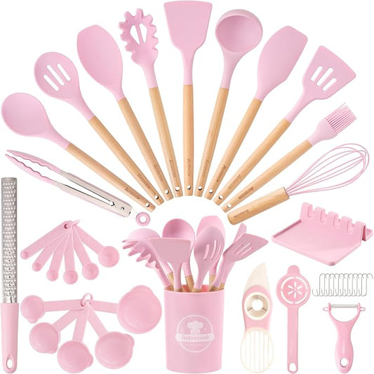 Astercook Kitchen Utensils set, 39 PCS Silicone Cooking Utensils Set with Wooden Handle, 446°F Heat Resistant Food Grade Utensil Sets, BPA Free Kitchen Gadgets Tools Set for Nonstick Cookware (Pink) by Astercook