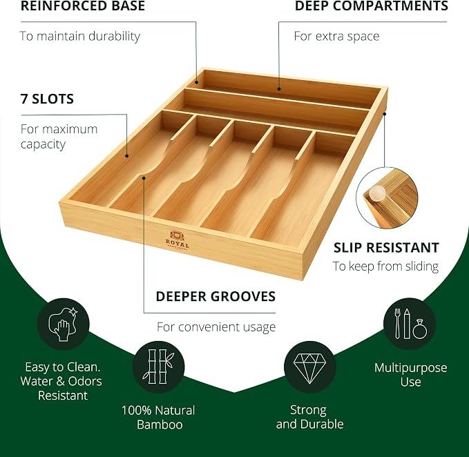 ROYAL CRAFT WOOD Luxury Bamboo Kitchen Drawer Organizer - Silverware Organizer - Utensil Holder and Cutlery Tray with Grooved Drawer Dividers for Flatware and Kitchen Utensils - Image 3