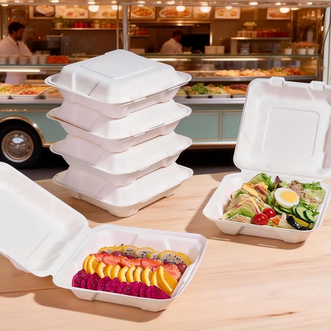 Turbo Bee 100 Pack 8x8inch White Compostable Take Out Containers with Lids, Disposable Clamshell Food Containers, Large To Go Boxes for Restaurant, Catering, Meal Prep & Food Service-White - Image 7