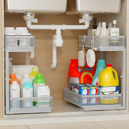 Under Sink Organizer 2 Pack, 2-Tier Slide Out Cabinet Organizer with Metal Sliding Drawer and Hooks, Pull Out Storage Baskets for Kitchen Bathroom Pantry Cabinet Organization (grey) by Unknown