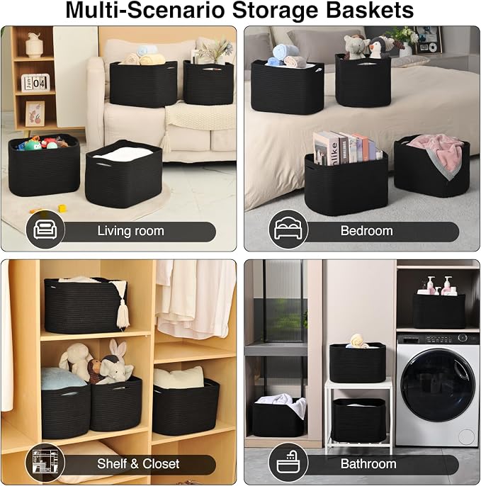 ICERZCZ Storage Baskets for Organizing & Shelves, Woven Cotton Rope Organization Bins for Dog Toys, Clothes, Books, Nursery Organizer, 15"Lx11''Wx9.5''H, (4 Packs) Black - Image 5