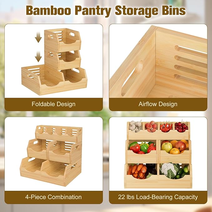 Upgraded 3-Tier Bamboo Pantry Storage Bins, Ventilated Stackable Potato & Onion Organizer w/ Spice Tray & 3 Veggies Baskets for Kitchen, Pantry, Bathroom & Living Room - Image 4