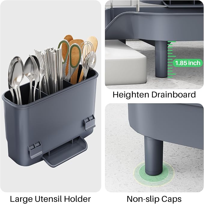 SAYZH Expandable Dish Drying Rack for Small Kitchen Counter, Grey | Stainless Steel, Protective Guardrail, Angled Drainboard, Fits High-Rim Sinks, Removable Utensil Holder - Image 8