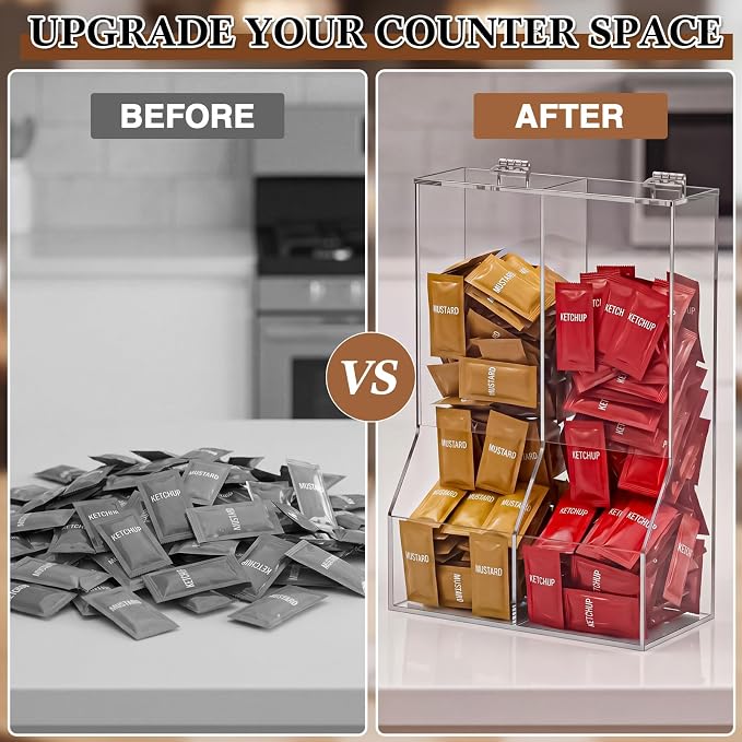 1 Pcs Divided Condiment Bin with Lid 2 Compartment Condiment Packet Organizer Sugar Packet Wrapped Candy Caddy Clear Acrylic for Bakery Restaurant Retail Stores, 8.5" W x 4" D x 12.25" H - Image 4