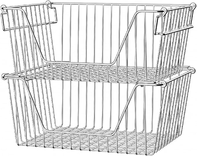 Slideep 14'' Large Stackable Storage Baskets Cabinet Organizer Sturdy Metal Wire Pantry Freezer Bin for Pantry Home Bathroom Kitchen Organization 2 Packs by WelcometotheSlideep