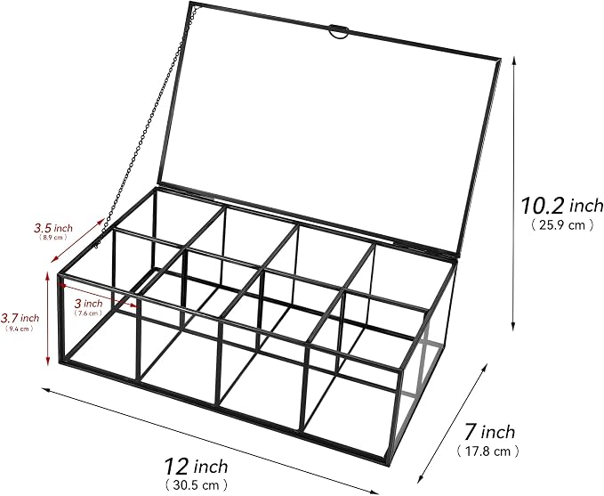 REDHUGO Glass Tea Bag Organizer, 8-Compartment Tea Storage Box, Black | Handmade glass tea bag box with lid and 8 compartments, keeps tea bags tidy for counters, kitchens and tea stations - Image 3