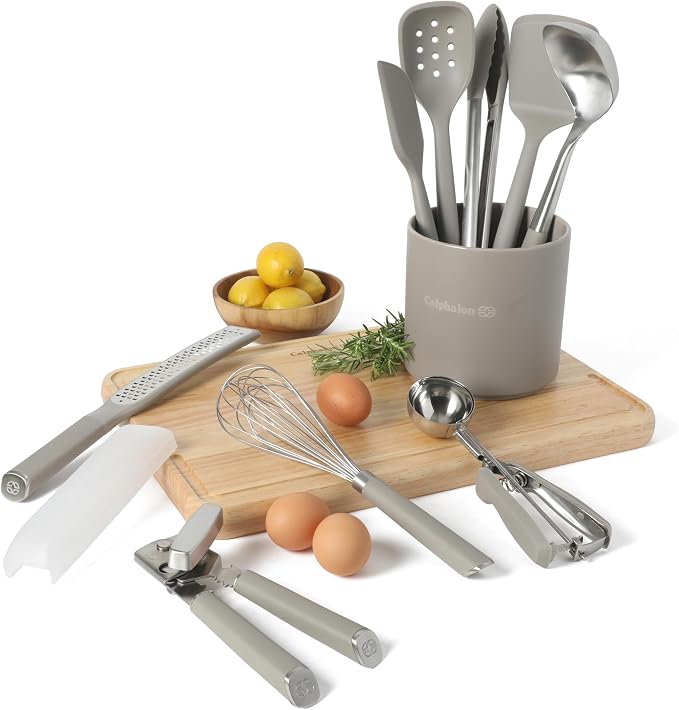 Calphalon Edge 10-Piece Kitchen Utensil Set with Crock, Stainless Steel and Silicone Cooking Tools, Nonstick-Safe Utensils with Comfortable Handles, Taupe - Image 2
