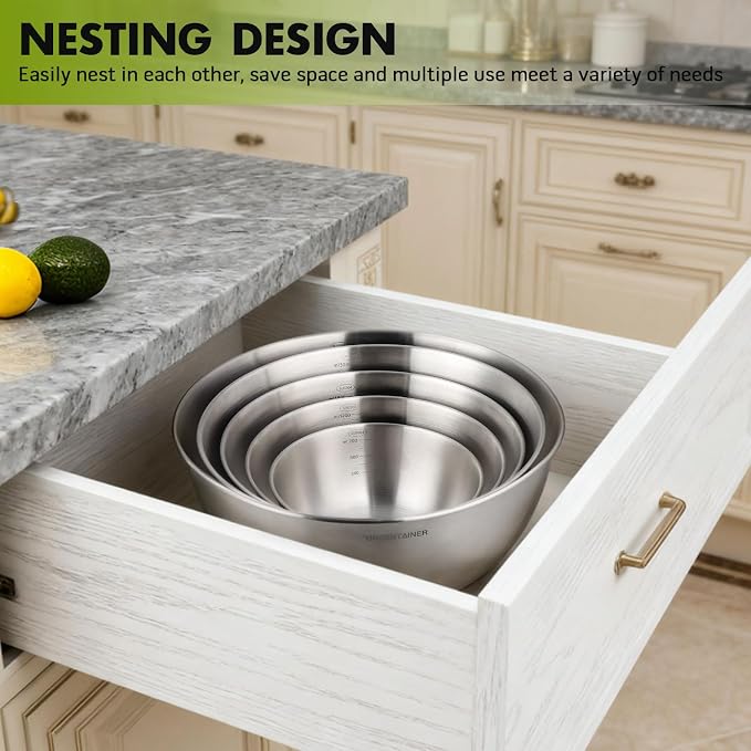Greentainer Stainless Steel Mixing Bowls Set of 5 | 5.2 to 0.8 Qt Nesting Bowls with Measurement Markings | Dishwasher Safe | Metal Kitchen Bowls for Baking, Prepping, Cooking and Serving Food - Image 7