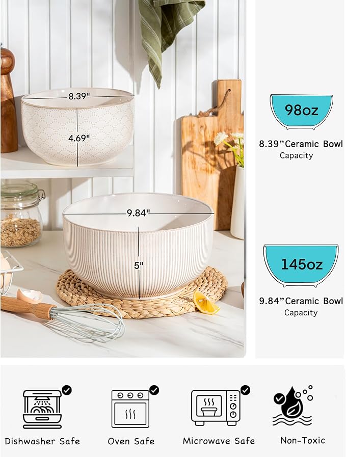 Mikiegy Ceramic Mixing Bowls Set of 2, Nesting Ceramic Embossment Stoneware Mixing Bowls for Cooking, Serving, Popcorn, Salad etc, Microwave & Dishwasher Safe, 98/145 oz, Off-White - Image 3