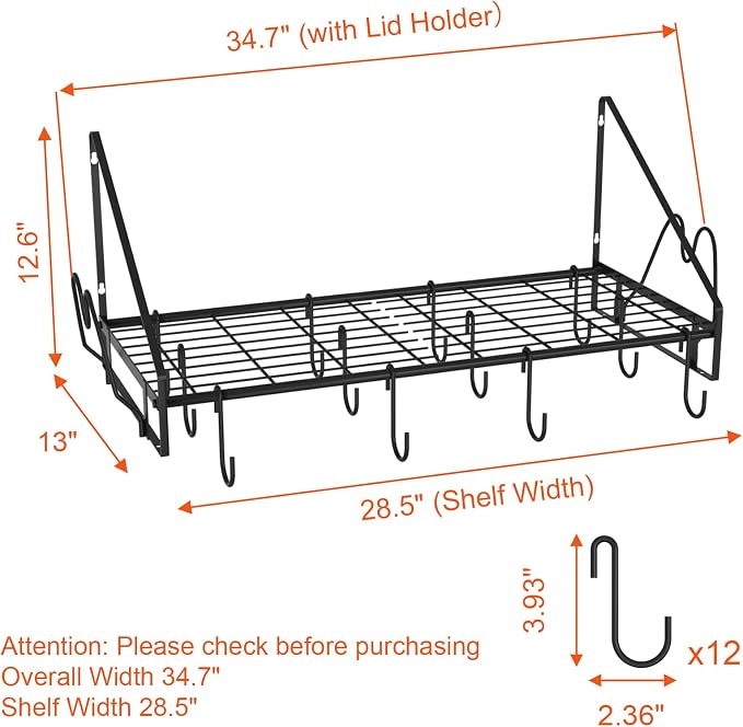 VyGrow 28 Inch Pot Rack Wall Mounted, Pots and Pans Organizer with 12 Hooks and 2 Pot Lid Holders, Heavy Duty Steel Pot and Pan Hanger for Kitchen Cookware Utensils Storage 34.7" Lx13 Wx12.6 H - Image 2