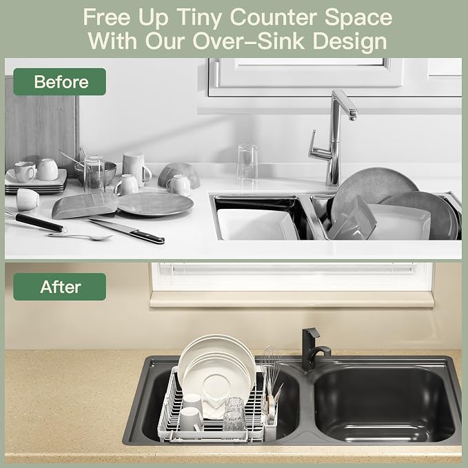 White Dish Drying Rack Over The Sink with Utensil Holder | Expandable Stainless Steel Dish Drainer for Small Kitchen, Apartment, RV, Counter Space Saving, Perfect Fit, Rustproof - Image 2