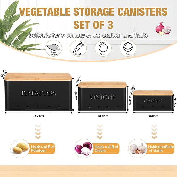Honeydak 3 PCS Black Potato Onion Garlic Storage Bins Set, Metal Vegetable Keeper Containers with Lids Aerating Holes for Kitchen Counter Pantry Keep Fresh Longer Farmhouse for Sweet-potato Fruit - Image 2