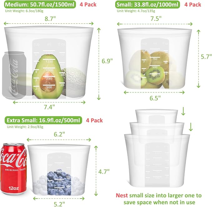 Reusable Storage Bag, 12 Pack 100% Silicone Food Storage Bags Stand Up Silicone Zip Lock Bags for Food Container, Freezer Microwave Oven Dishwasher Safe, 4 Medium 4 Small 4 Extra Small, Translucent - Image 3