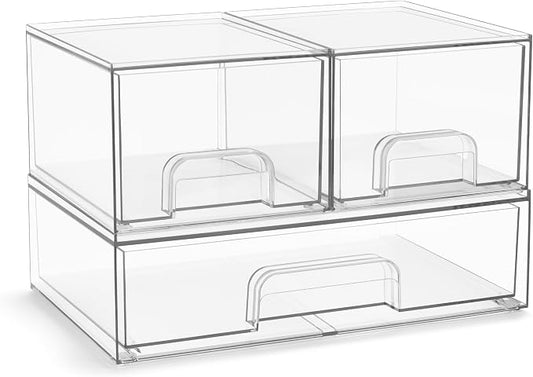 Sorbus Acrylic Storage Containers - 3 Pack, Stackable Storage Bins Set for Bathroom Organization - Clear Acrylic Drawer Organizers - Makeup Case Pull-Out Drawers (4.4’’ Tall and 12.1’’ Wide) by Sorbus