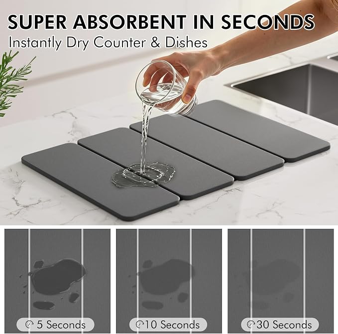 Stone Dish Drying Mat for Kitchen Counter, 24x16 Inch Super Absorbent Diatomaceous Earth Dish Drying Mat with Bamboo Dish Rack, Collapsible Fast Dry Drying Mat for Utensils Dishes Cups - Image 3