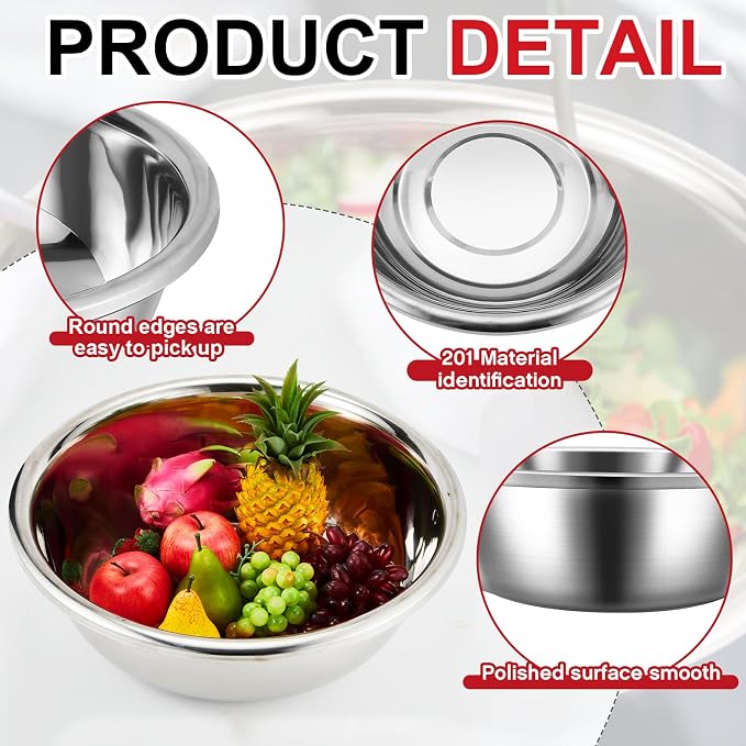 Set of 3 Extra Large Stainless Steel Mixing Bowls Large Mixing Container Easy to Clean, Nesting Bowls for Space Saving Storage for Cooking, Baking(201 Stainless Steel,13, 16, 20 Quart) - Image 3