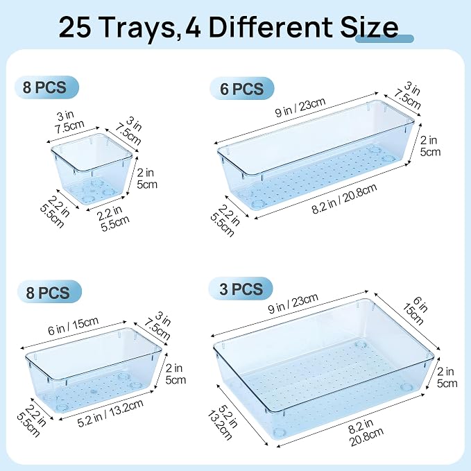 Vtopmart 25 Pack Plastic Drawer Organizers with Non-slip Rubber Pads | 4-Size Versatile Makeup Organizer, Storage Containers Small Bins for Makeup, Jewelries, Bedroom, Kitchen Utensils and Office - Image 2
