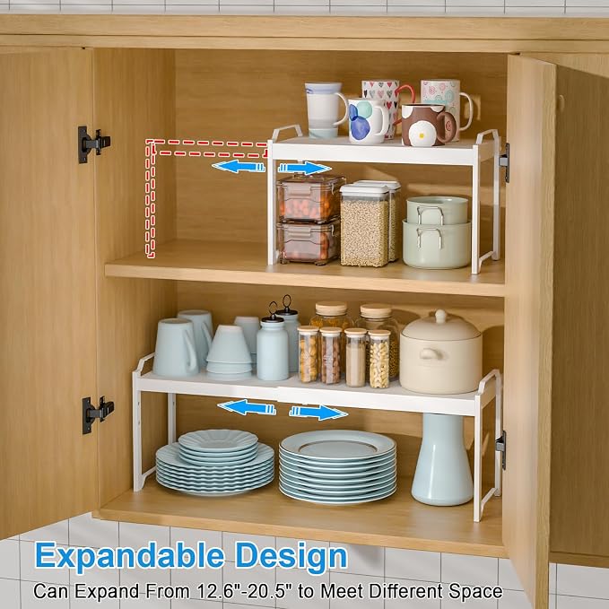 Set of 2 Expandable Kitchen Cabinet Shelves Organizers, Stackable Adjustable Small Storage Shelf Rack Stand For Pantry Cabinet Cupboard Kitchen Counter Organization, 22 lbs Capacity, Length:20.5" - Image 5