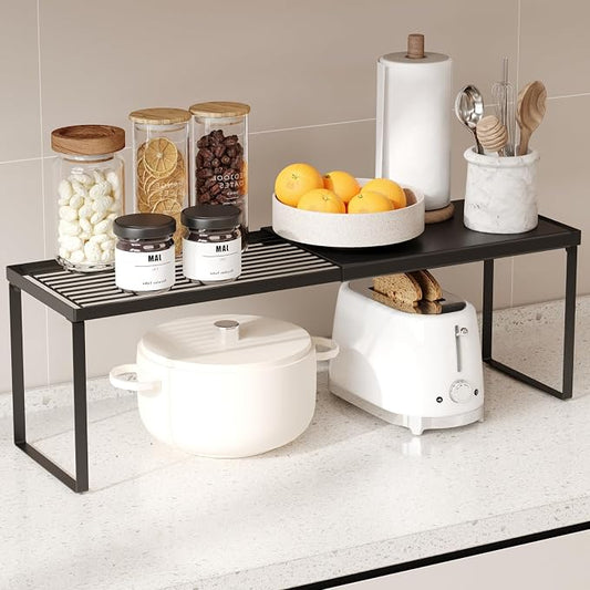 Magheo Expandable Kitchen Countertop Organizer, 1 Pack Stackable Cabinet Shelf Risers, Metal Spice Rack Heavy Duty Counter Organizer Storage for Kitchen, Pantry, Cupboard, Rv (8.7in Height,Black) by MAGHEO