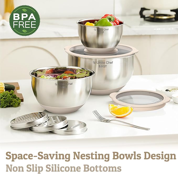Mixing Bowles Set with Lids Set - Warp-Proof TPR-AS Lids, Stainless Steel Mixing Bowl with 3 Graters & Measuring Lines, Non-Slip Bowls for Baking, Prep, Airtight Food Storage (Khaki 5/3/2/1.5/0.63QT) - Image 7