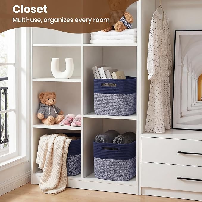 Storage Baskets for Organizing, 14 x 10 x 9” Closet Shelf Woven Baskets, Square Bins with Handles, Cotton Rope Basket for Clothes, Office, Room, Grey+Blue 3 Pack - Image 4