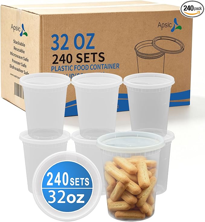 Plastic Deli Containers with Lids, 240 Sets 32 oz Leakproof Soup Cups | Complete Sets With Matching Lids, BPA Free PP Material, Leakproof Seal, Microwave & Freezer Safe, Stackable Meal Prep Vessels by Apsic