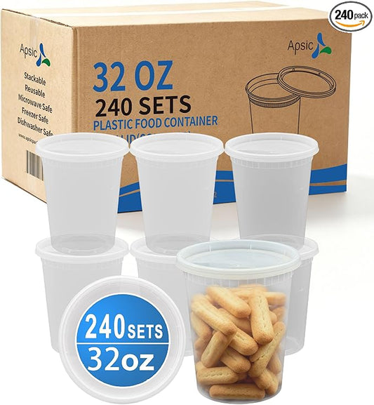 Plastic Deli Containers with Lids, 240 Sets 32 oz Leakproof Soup Cups | Complete Sets With Matching Lids, BPA Free PP Material, Leakproof Seal, Microwave & Freezer Safe, Stackable Meal Prep Vessels by Apsic