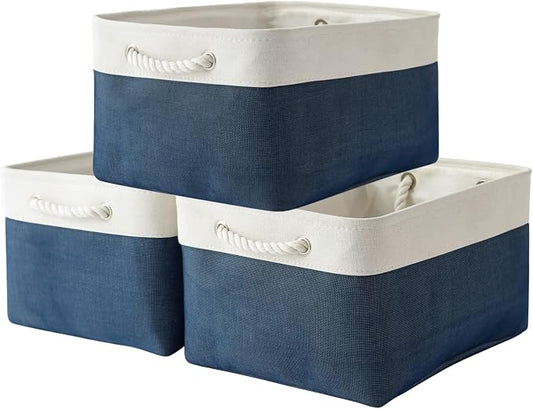 Collapsible Storage Bin for Shelves - Large 3 Pack 16x12x8 inch Storage Basket for Organizing with Handles, Canves Storage Box for Organizer Toy Closet Cloth Gift (White & Jean Blue) by TheWarmHome