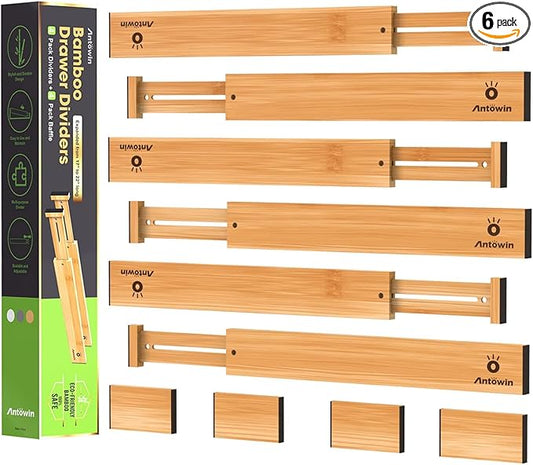 Bamboo Drawer Dividers, Expandable Drawer Separators Splitter, 17-22 inches Adjustable Spring-loaded Organizer for Large Utensil, Clothes, Tools Drawers, 6 Pack Dividers + 4 Pack Baffle by ANTOWIN